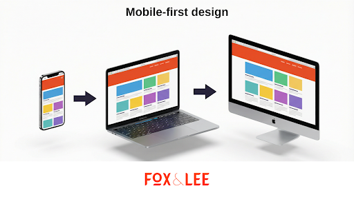 Mobile-first web design diagram showing responsive layout progression from smartphone to tablet to desktop - Fox and Lee