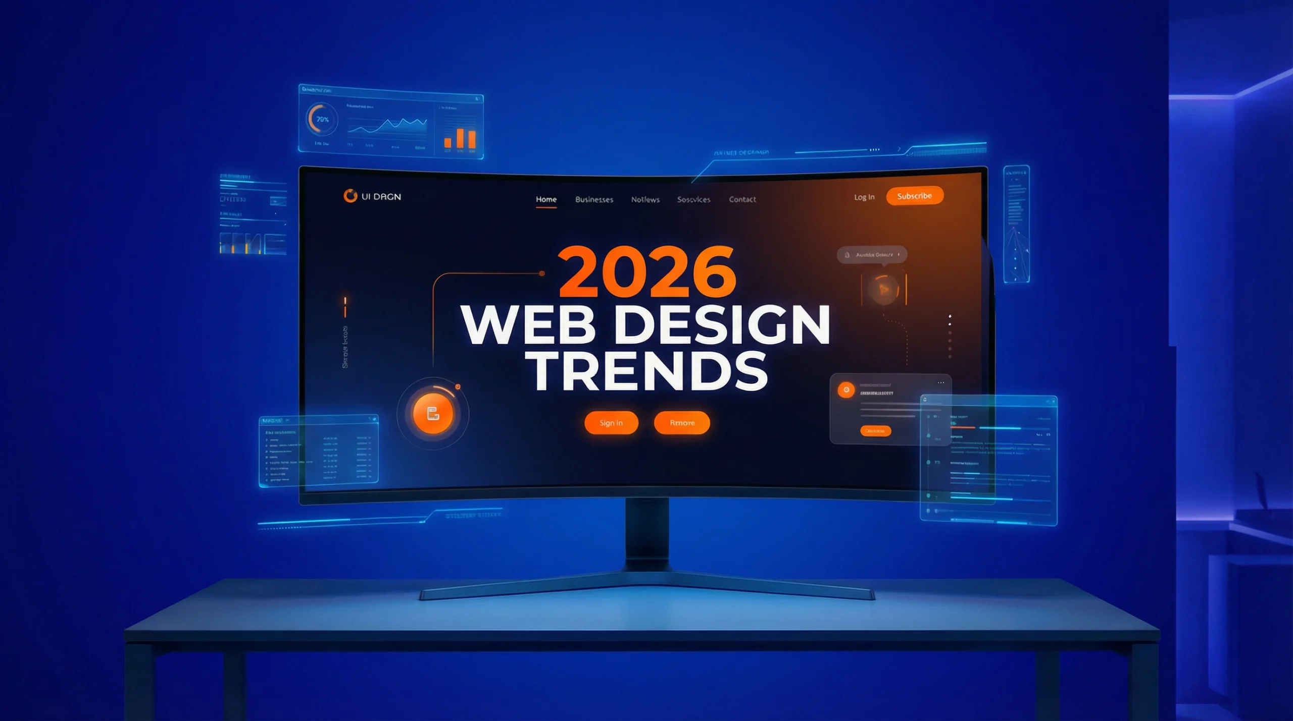 A curved widescreen monitor displaying a bold "2026 Web Design Trends" website hero screen with orange and white typography, surrounded by floating holographic UI panels and data dashboards on a royal blue background — Fox and Lee