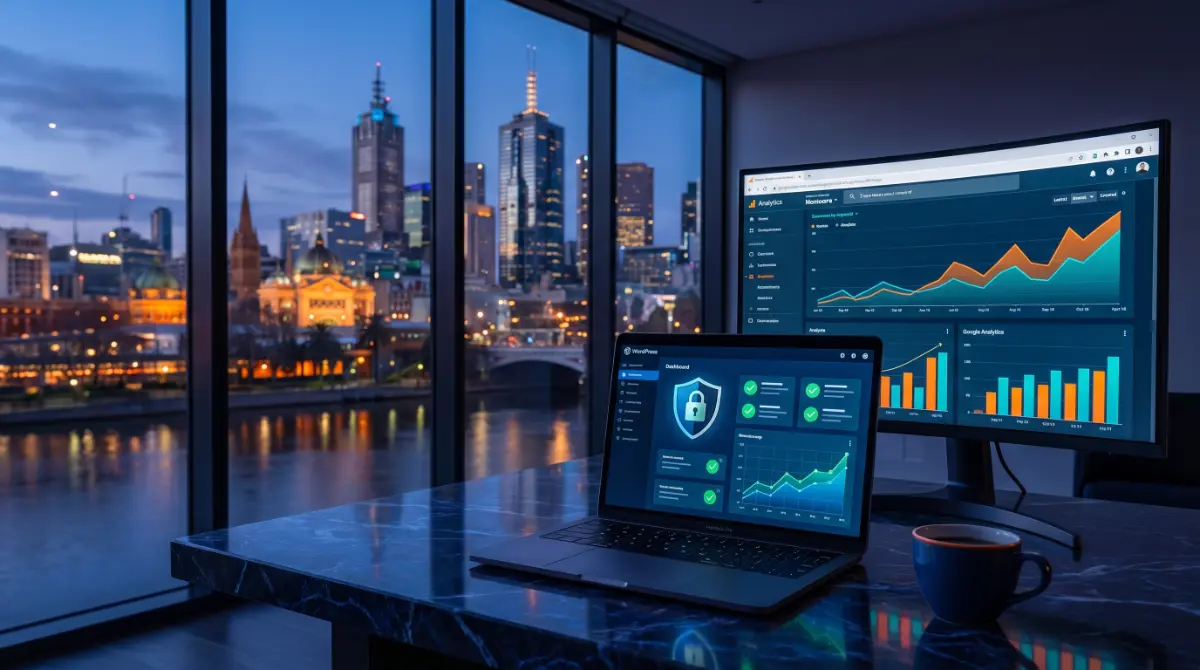 Fox & Lee WordPress Care Plans thumbnail showing a website security dashboard and analytics graphs against the Melbourne city skyline at dusk.