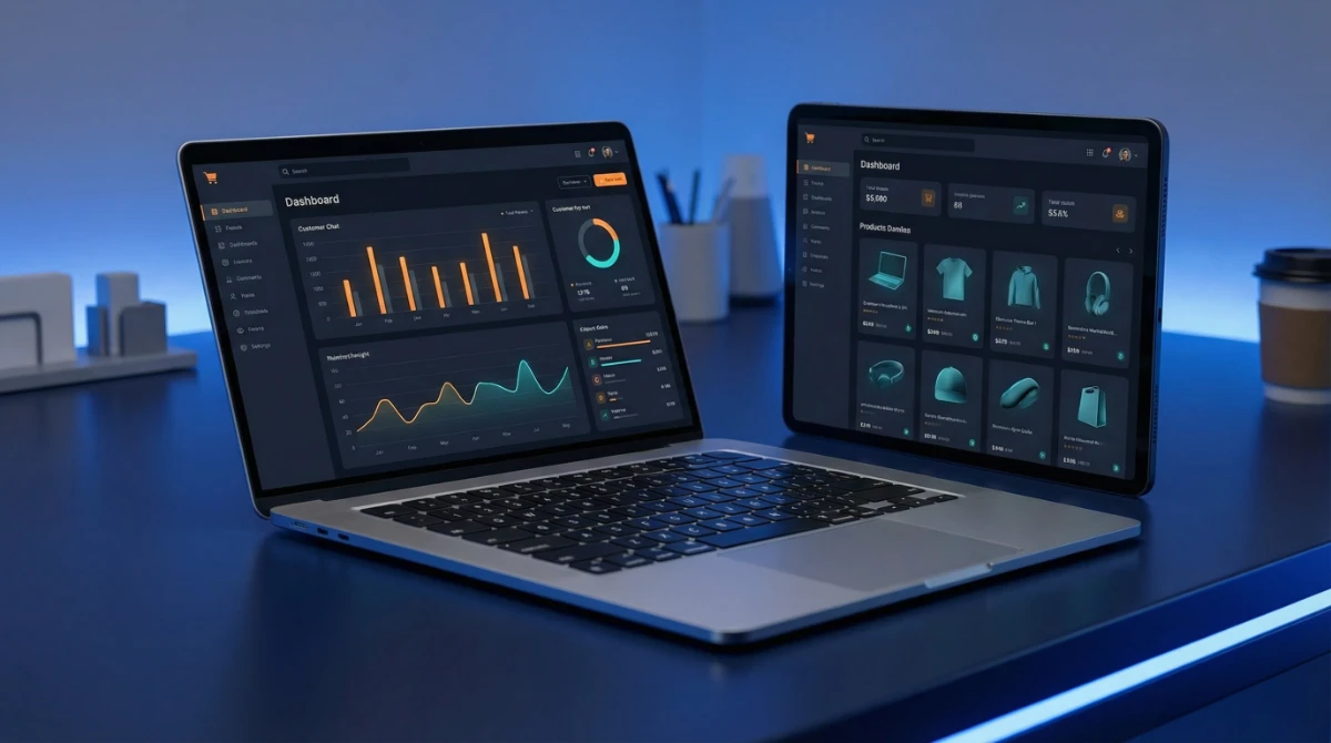 WooCommerce e-commerce dashboard showing revenue charts and product listings on laptop and tablet - Fox & Lee