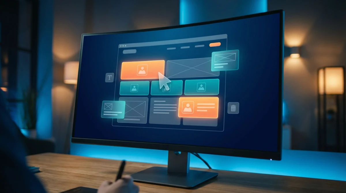 WordPress Full Site Editing drag-and-drop block interface on a large monitor - Fox & Lee