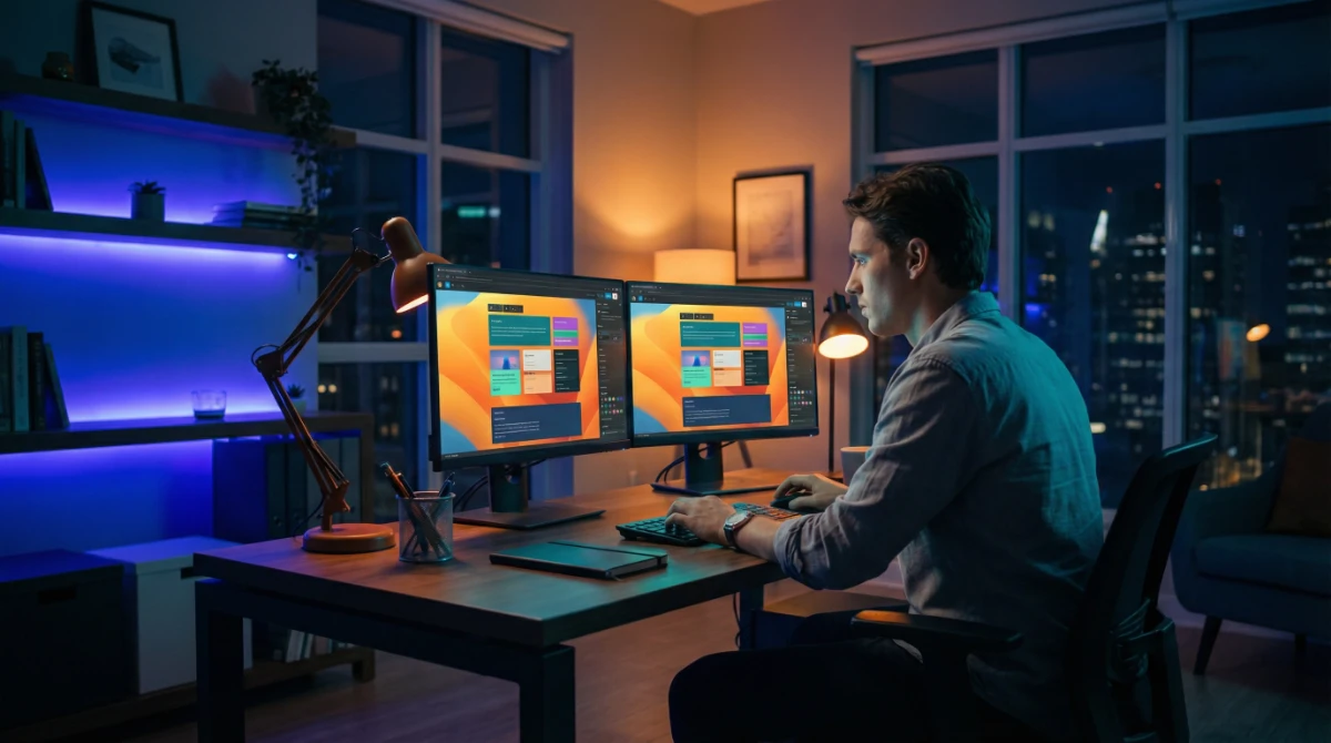 WordPress developer building a website using the Gutenberg block editor on dual monitors - Fox & Lee