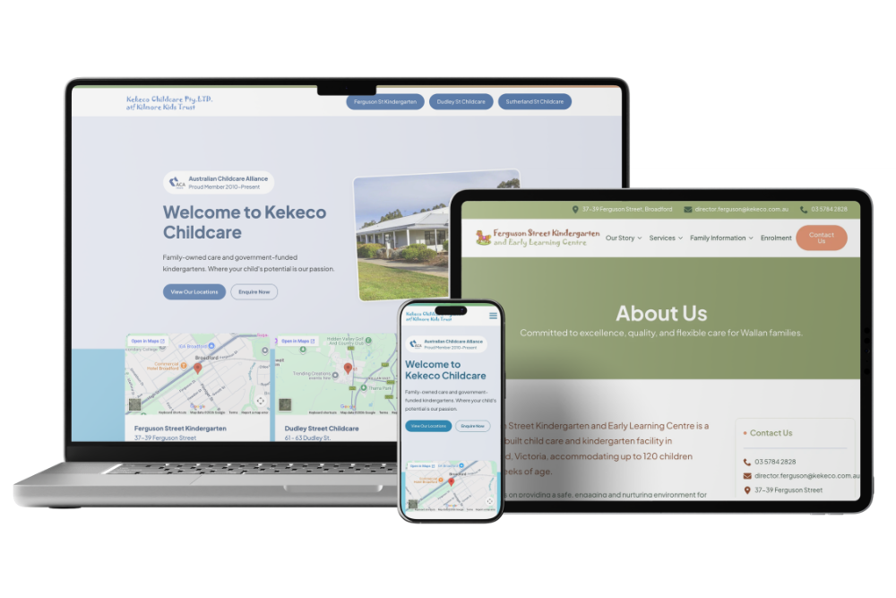 Kekeco Childcare website shown across laptop, tablet, and mobile devices, featuring the homepage, Ferguson Street Kindergarten about page, and mobile homepage.