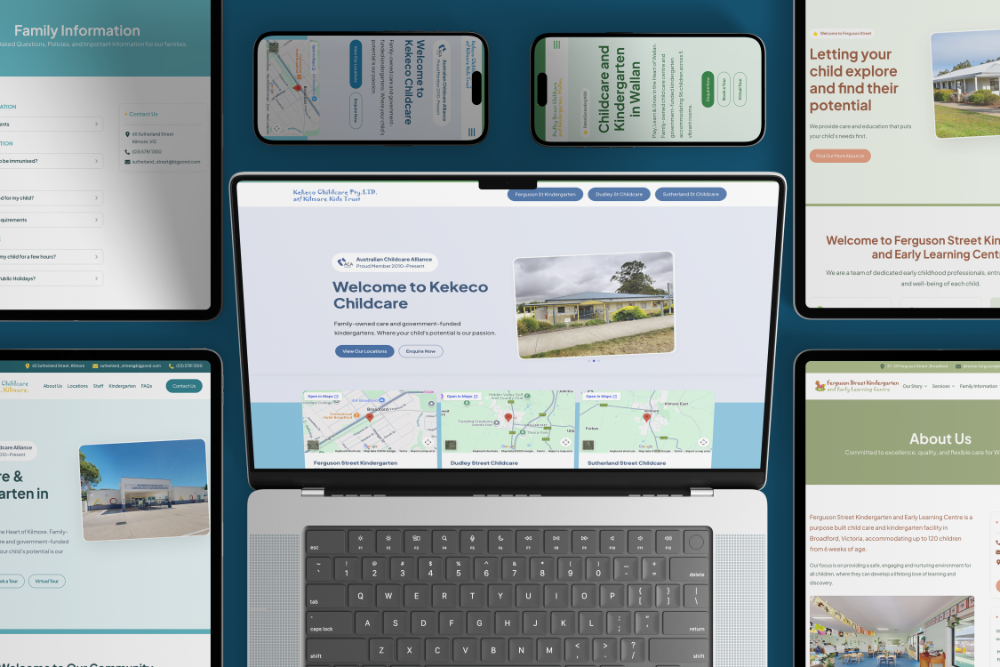 Multi-device showcase of the Kekeco Childcare website on a navy background, displaying the homepage, Family Information page, mobile views, and the Ferguson Street Kindergarten sub-brand site.
